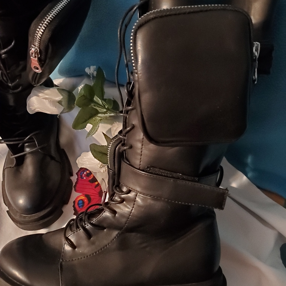Liliana Chunky Heel Combat Boots w/Pouches - Picture 3 of 11